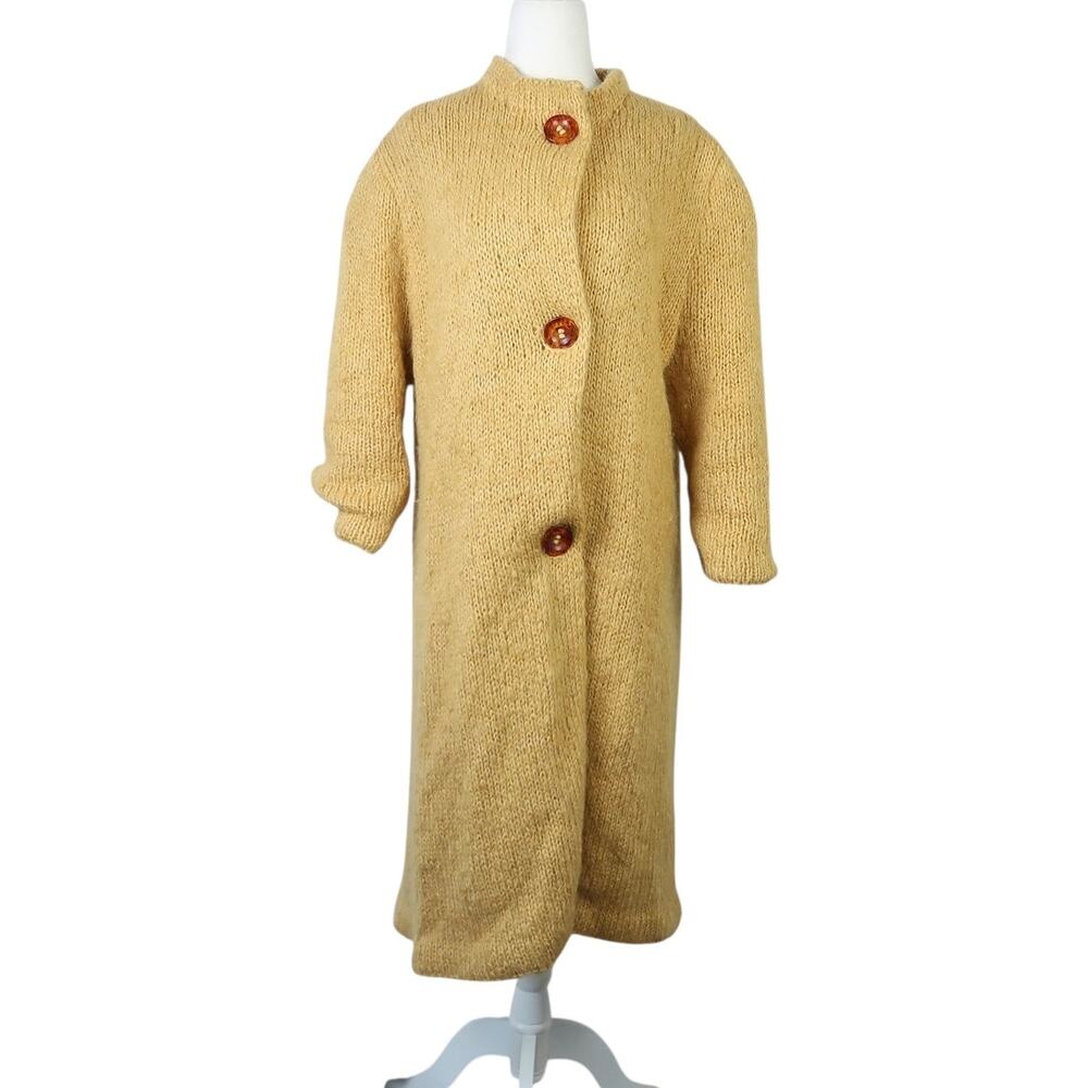 Vintage 60s Mustard Yellow Wool Knit Mid Length Sweater Coat L